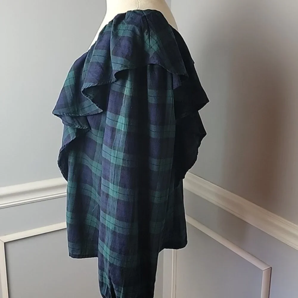 J.CREW Green Blue Tartan Plaid Square Neck Ruffle Long Sleeve Holiday‎ Blouse L